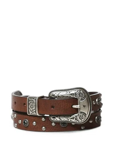 Golden Goose Studded Leather Belt With Metal Inlays And Silver-tone Decorated Buckle In Marrone