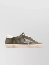 GOLDEN GOOSE SUEDE DISTRESSED FLATFORM SNEAKERS WITH GLITTER DETAILING