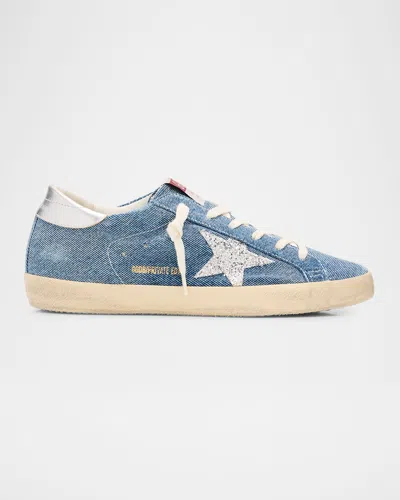 Golden Goose Super-star Denim Glitter-star Low-top Sneakers In Blue