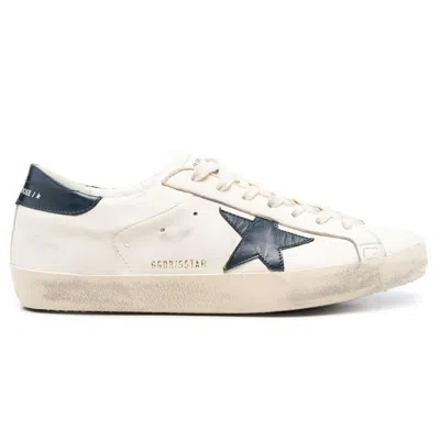 Pre-owned Golden Goose Super Star Design Leather Beige/night Blue Mens Distressed Sneakers In White
