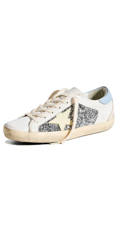 Golden Goose Super-star Glitter Bio Based Sneakers In Silver/white/light Yellow/powd