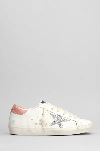 Golden Goose Super Star Leather And Glitter Sneakers In White Silver Pink