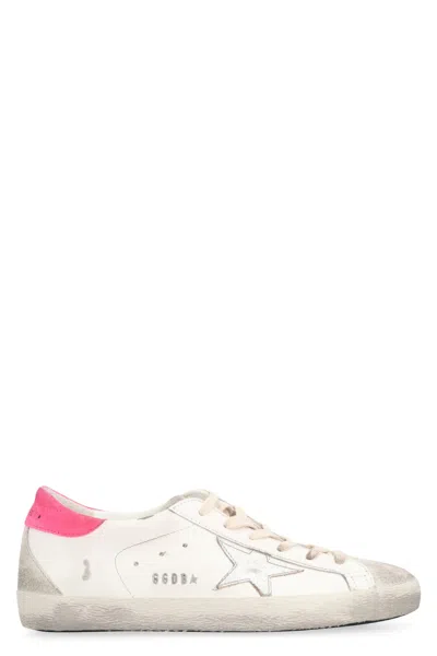 Golden Goose Super-star Leather Low-top Sneakers In White/ice/silver/lobster Fluo