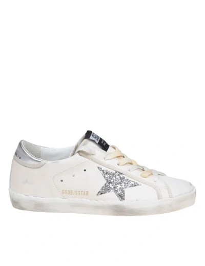 Golden Goose Super-star Leather Sneakers With Silver Glitter Star In White