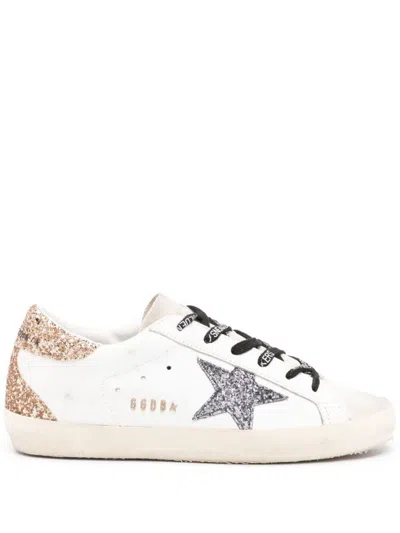 Golden Goose Super-star Leather Upper Glitter Star Heel And Spur Metal Lettering Shoes In White
