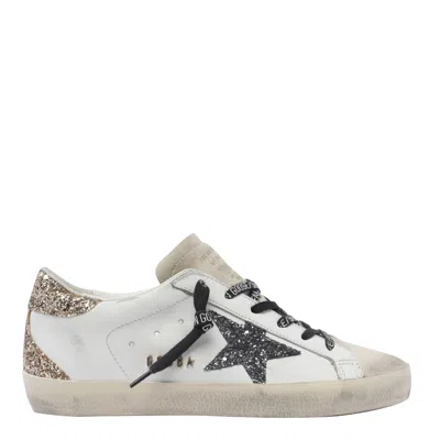 Golden Goose Super-star Leather Upper Glitter Star Heel And Spur Metal Lettering In White