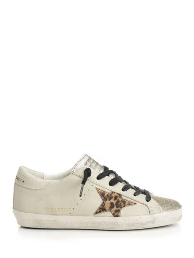 Golden Goose Super Star Leather Upper Glitter Toe And Tongue Leather Heel Leopard Horsy Star Sneakers Multicolor In White