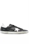 Golden Goose 'super-star' Black Low Top Sneakers With Logo Patch And Suede Details In Leather Man In Black