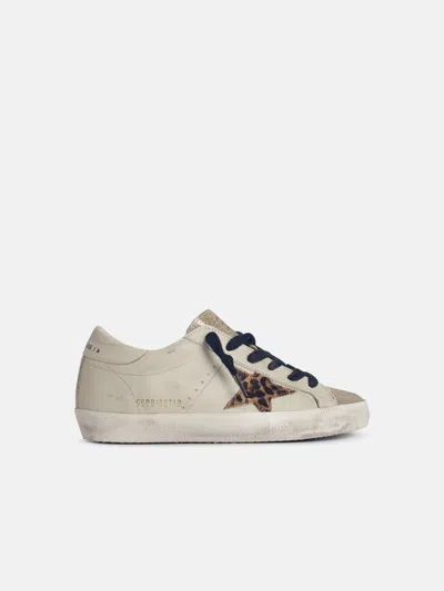 Golden Goose 'super-star' Light Beige Leather Blend Sneakers With Leopard Pony Hair Star In Sand