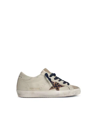 GOLDEN GOOSE SUPER-STAR LIGHT BEIGE LEATHER BLEND SNEAKERS WITH LEOPARD PONY HAIR STAR