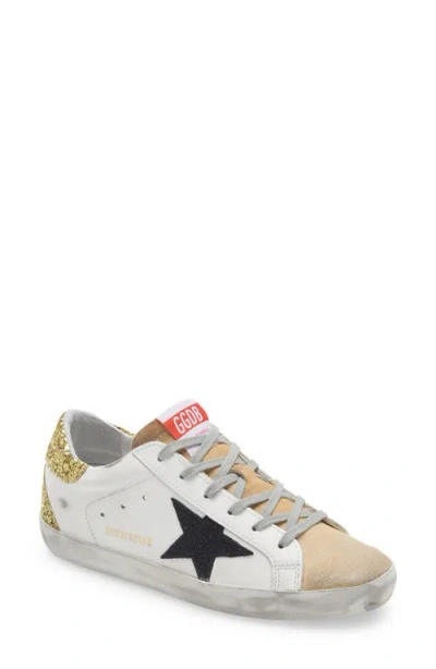 Golden Goose Super-star Low Top Sneaker In White/tan Suede/gold Glitter