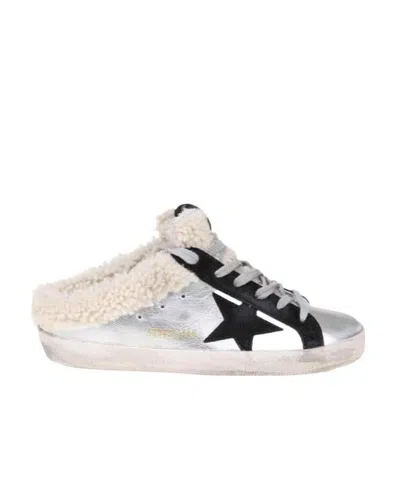Golden Goose Super-star Sabots In Silver Laminated Leather With Black Suede Star