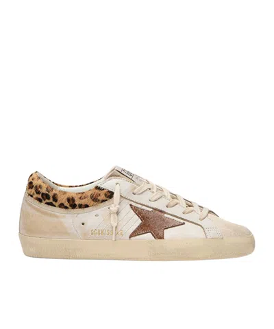 Golden Goose Super-star Sneakers In Suede With Worn Effect And Leopard Print Hairy Cow In White