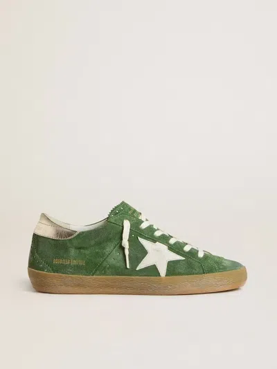 Golden Goose Super-star Distressed Suede And Metallic Leather Sneakers In Green