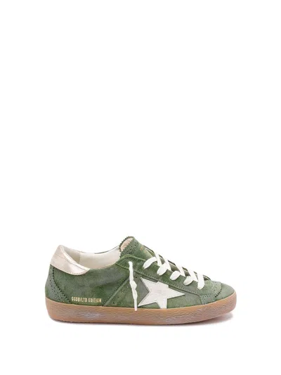 Golden Goose Super-star Distressed Suede And Metallic Leather Trainers In Green