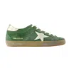 Golden Goose Super-star Distressed Suede And Metallic Leather Sneakers In Green