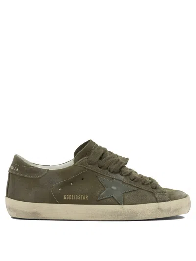 Golden Goose Super-star Distressed Suede-trimmed Full-grain Leather Sneakers In Green