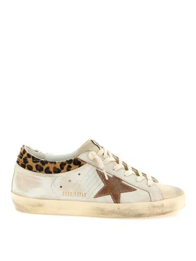 Golden Goose Super-star Sneakers In Suede With Worn Effect And Leopard Print Hairy Cow In White