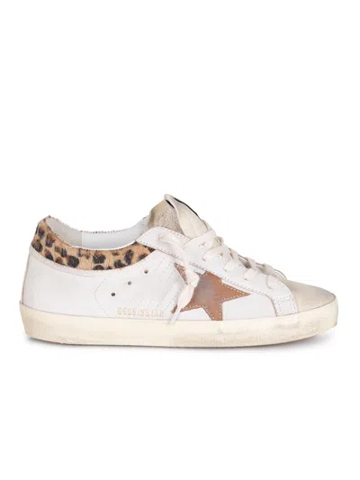 Golden Goose Super-star Sneakers In Suede With Worn Effect And Leopard Print Hairy Cow In White