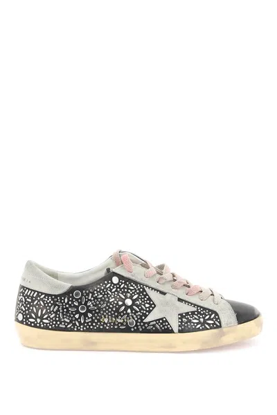 Golden Goose Black Leather Low-top Sneakers With Floral Cut-out Design In Multi