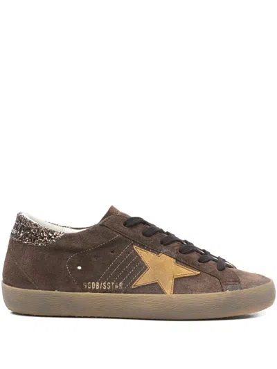 Golden Goose Super Star Suede Upper Toe Tongue And Star Glitter Heel In Brown