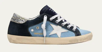 Pre-owned Golden Goose Superstar Denim Glitter Low-top Sneakers 5565 - Retail $625 In White