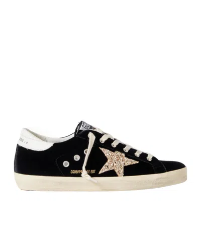 Golden Goose Super-star Eyelet-embellished Distressed Glittered Leather And Velvet Sneakers In Black