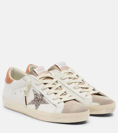 Golden Goose Super-star Distressed Glittered Suede-trimmed Leather Sneakers In Neutral