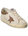 Golden Goose Super-star Sneakers In Suede With Worn Effect And Leopard Print Hairy Cow In White