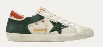 Pre-owned Golden Goose Superstar Leather Glitter Low-top Sneakers 4961 - Retail $625 In Buttercream/forest Green/taupe