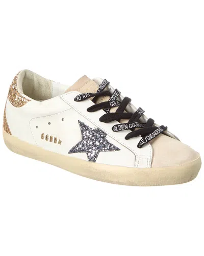 Golden Goose Super-star Distressed Suede-trimmed Glittered Leather Sneakers In White