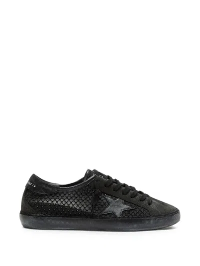 Golden Goose Super-star Ltd In Perforated Black Suede With Black Star And Crystals