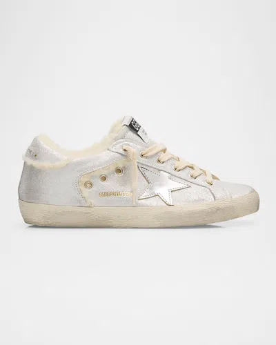 Golden Goose Superstar Metallic Leather And Shearling Sneakers In Platinum