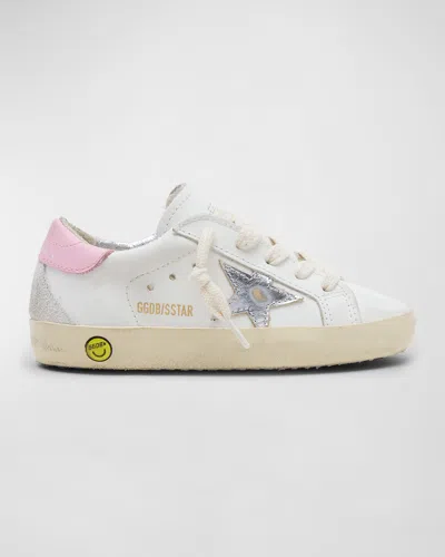 Golden Goose Kids' Super-star Leather Lace-up Sneakers In White,pink