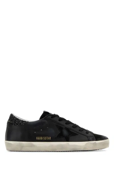Golden Goose Suede-trim Star Patch Low-top Sneaker With Glitter Heel In Black