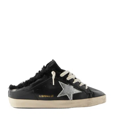 Golden Goose Super-star Sabot Distressed Shearling-lined Leather Slip-on Sneakers In Black