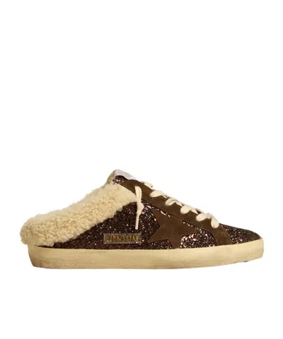 Golden Goose Super-star Sabots In Glitter With Brown Star And Shearling Lining