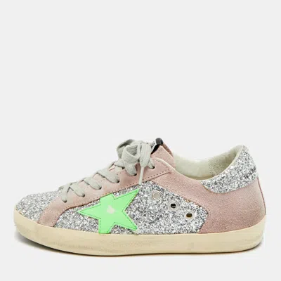Pre-owned Golden Goose Superstar Size 36 Pink/silver Glitter And Suede Lace Up Sneakers