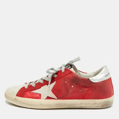 Pre-owned Golden Goose Superstar Size 39 Tricolor Glitter And Suede Lace Up Sneakers In Red