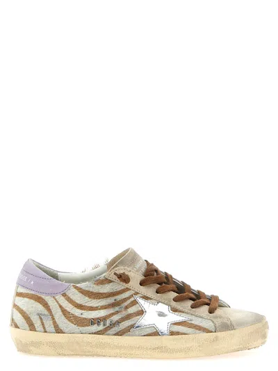 Golden Goose Super-star Distressed Metallic Leather And Suede-trimmed Zebra-print Calf Hair Sneakers In Neutral