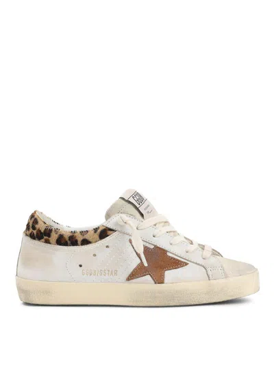Golden Goose Super-star Sneakers In Suede With Worn Effect And Leopard Print Hairy Cow In White