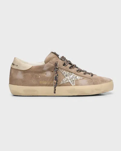 Golden Goose Superstar Suede Glitter Low-top Sneakers In Taupe/platinum/white