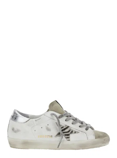 Golden Goose Superstar White Low Top Sneakers With Glittered Star Patch And Laminated Heel With Logo Lettering In
