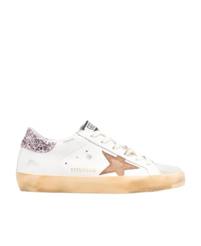 Golden Goose Super-star With A Tan Star And Pink Glitter Heel Tab In White