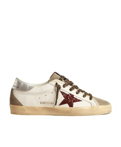 Golden Goose Super-star With Burgundy Glitter Star And Silver Heel Tab In White