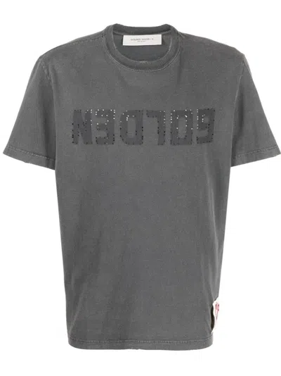 Golden Goose Green Crewneck T-shirt With Logo On The Front And Logo Patch On The Front In Dustyolive