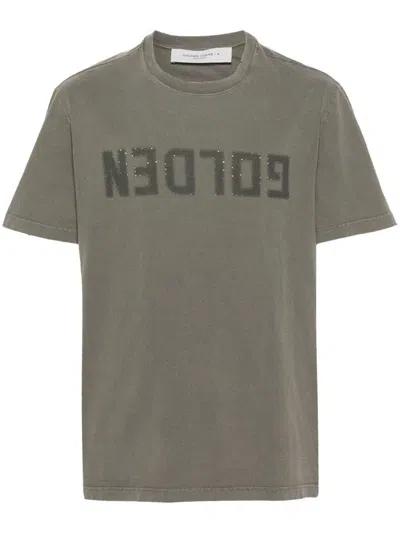 Golden Goose T-shirt In White Cotton With Iconic Logo Star In Green