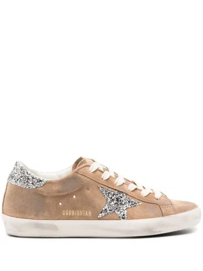 Golden Goose Super-star Distressed Glittered Leather-trimmed Suede Sneakers In Brown