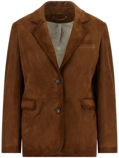 Golden Goose Tailored Brown Waxed Suede Jacket With Floral Lining