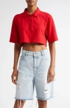 Golden Goose Textured Stripe Logo Embroidered Crop Polo In Haute Red